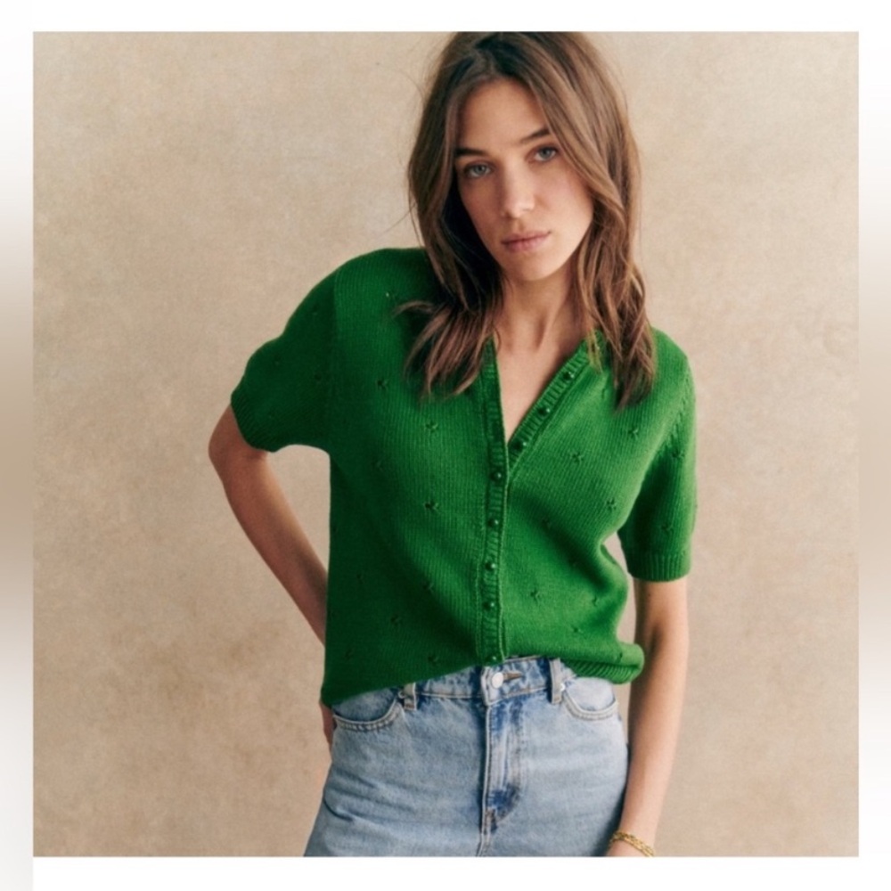 Sezane Kyle Green Short Sleeve Knit Cardigan - XS